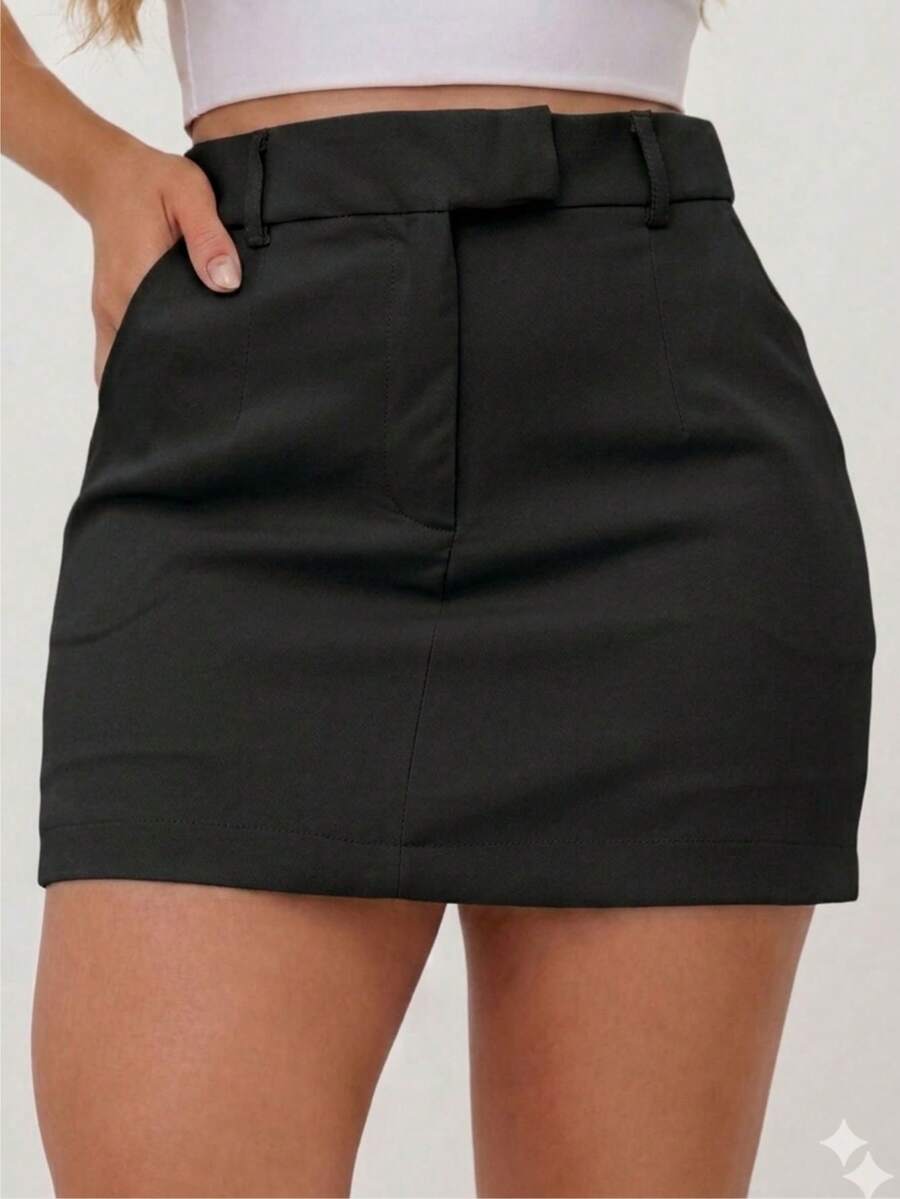 Sily Moda Saia Social Feminina em Alfaiataria com Fechamento Frontal Transpassado - Preto - Visão 1