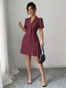 Vestido elegante y casual de verano con cuello reversible, decoración de botones, cintura ceñida, volantes y manga corta, en color liso, para primavera/verano - Burdeos - Ver 6