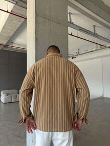 Men's Striped Long Sleeve Casual Shirt, Relaxed Fit, Minimalist Versatile Design, Suitable For Multi-Season Everyday Wear, Comfortable & Breathable - Khaki - View 2