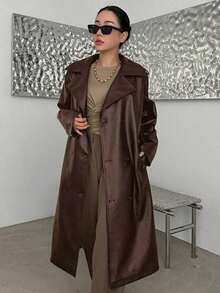 Abrigo de trinchera de piel de poliuretano con cinturón, cuello solapa y doble botonadura, estilo de moda callejera de unicolor para mujer, chaqueta de mujer de otoño, ropa de mujer de otoño - Óxido marrón - Ver 2