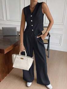 Conjunto de chaleco y pantalones casuales y de uso diario para mujer en otoño/invierno - Gris Oscuro 2 - Ver 5