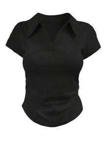 Camiseta casual de mujer con cuello polo, manga corta y estampado de corazones en color contrastante - Multicolor 2 - Ver 4