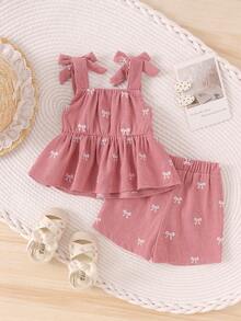 2pcs Baby Girls Cute Bowknot Decor Camisole Top + Shorts Set, Lightweight Summer Outfit - Pink - View 2