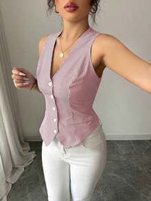 Chaleco casual de mujer de rayas minimalista de una sola hilera, adecuado para ir al trabajo y citas - Rojo - Ver 6