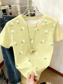 Camiseta casual versátil de mujer con cuello redondo y manga corta con estampado de margaritas - Multicolor - Ver 4