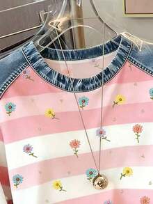 Camiseta casual y de moda para mujer con efecto de parche de mezclilla, estampado a rayas y de cerezas digitales, cuello redondo - Rosa - Ver 4