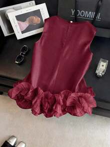 Blusa sin mangas de satén con doble capa y volantes, elegante, adecuada para salidas y citas de primavera/verano - Burdeos - Ver 2