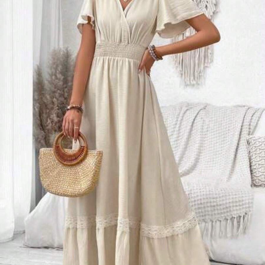 V-Neck Ruffle Sleeve Solid Color Vacation Style Spring/Summer Dress Maxi Women Outfit - Albaricoque - Ver 1