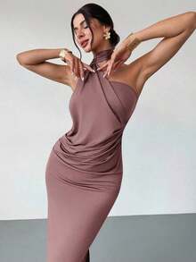 Vestido suelto con mangas acampanadas asimétricas de color marrón moca para mujer, vestido largo de moda, ropa de primavera/verano, adecuado para ir al trabajo, elegante, sexy, vacaciones, playa, estilo bohemio, Hawái, festivales de música, fiestas, atuendo de trabajo - Marrón Mocha - Ver 3