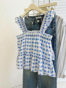 Blusa holgada sin mangas de estilo casual a cuadros para mujer, versátil para el verano - Azul 2 - Ver 2