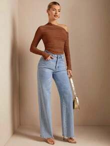 Camiseta Ajustada De Cuello Asimétrico Y Con Pliegues Y Perspectiva Para Mujeres - Óxido marrón - Ver 4