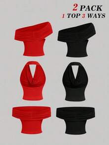 Set de 2 blusas casuales de unicolor de ajuste ceñido que se pueden usar de 3 maneras diferentes para mujeres - Rojo - Ver 2