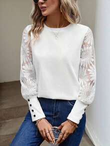 Blusa de mujer con mangas de encaje floral, parches y tejido de gofre, color blanco - Blanco - Ver 1