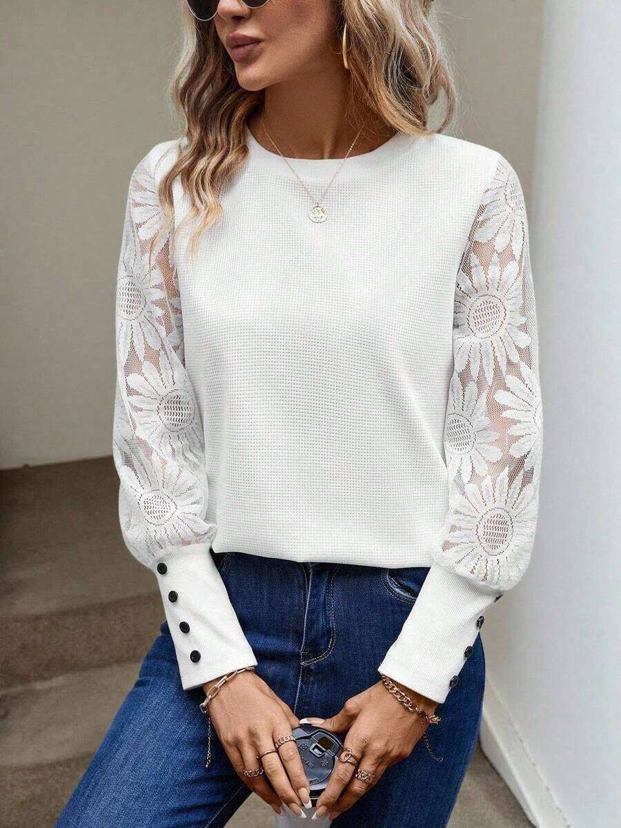 Blusa de mujer con mangas de encaje floral, parches y tejido de gofre, color blanco - Blanco - Ver 1