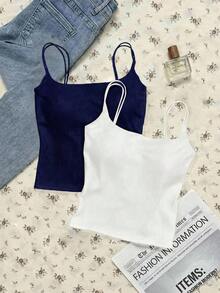 Paquete de 2 tops de camiseta acanalada con sujetador acolchado incorporado - Rosa y Negro/Lunares blancos, tops versátiles casuales para verano y uso en todas las estaciones, estilos suaves y limpios para chica, perfectos para el hogar, la escuela - Negro 9 - Ver 9
