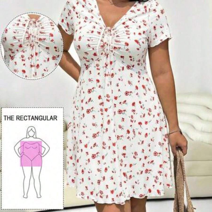 Plus Size V-Neck Short Sleeve Tie-Front Ditsy Floral Casual Dress For Women - Multicolor - Ver 1