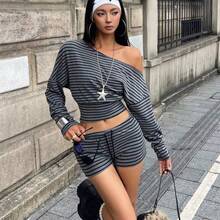 Women's Fall Streetwear Y2K Basic Daily Wear Casual Striped Rib Knit Loose Asymmetrical Neck Crop T-Shirt And Low Rise Short Two Pieces Outfits - Multicolor - Ver 5