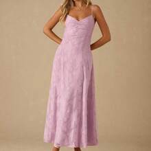 Spring/Summer Romantic Women's Pastel Purple Jacquard Pleated Backless Strap Maxi Dress,Sweet&Elegant For Vacation&Date&Holiday&Party&Graduation&Wedding Guest&Beach,Prom Dress,Summer Dresses For Women,Sun Dresses For Women,Summer Clothes - Rosa - Ver 6