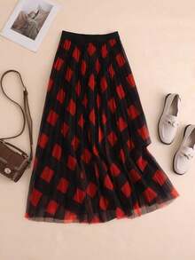 Falda midi de línea A de malla a cuadros vintage para mujer, falda plisada esponjosa de cintura alta adelgazante, adecuada para uso casual u oficina, ideal para todas las estaciones, excelente para Navidad y Año Nuevo, color rojo primaveral - Rojo - Ver 2
