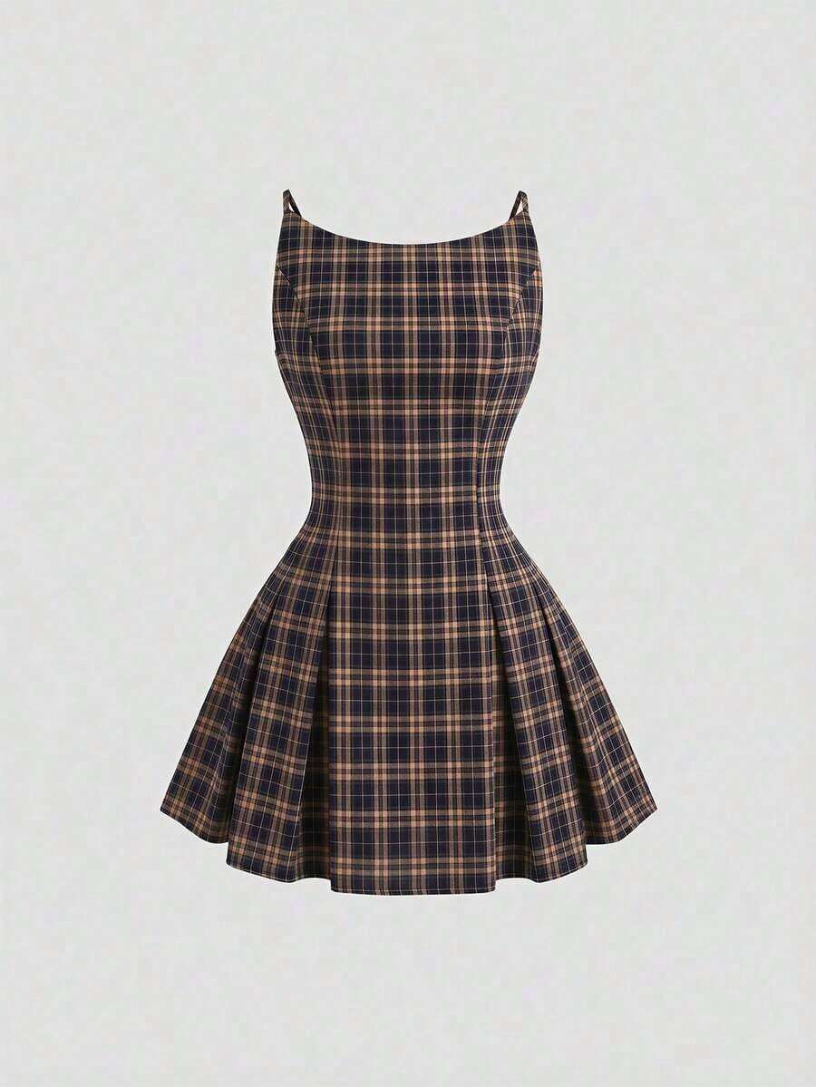 Elegante vestido mini ajustado sin mangas con estampado de cuadros - Morado - Ver 1