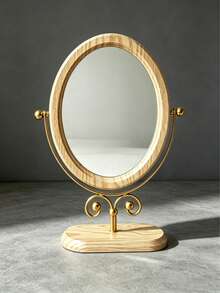 1pc Classic Oval Tabletop Makeup Mirror, 360° Rotating New Chinese Style Wooden Vanity Mirror, Home Decor, Suitable For Dressing Table And Bedroom - Multicolor - View 8