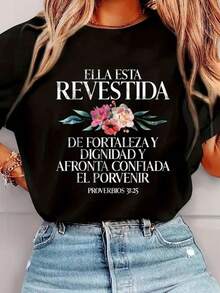 Camiseta negra para mujer con versículo bíblico en español Proverbios 31:25 - Ropa de fe cristiana con detalles florales - Ropa religiosa inspiradora para mujeres - Camiseta de poliéster lavable a máquina para iglesia, atuendo casual y regalos, ropa de iglesia para damas, regalos espirituales, cuello redondo casual, tela cómoda, camiseta de inspiración religiosa, camiseta de la comunidad de inspiración religiosa Y2k. - Blanco - Ver 2