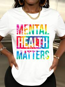 Camiseta de Moda para Mujer con Estampado Tie Dye 'La Salud Mental Importa', Ropa Casual para Atuendos Diarios y Eventos de Concientización - Blanco - Ver 2