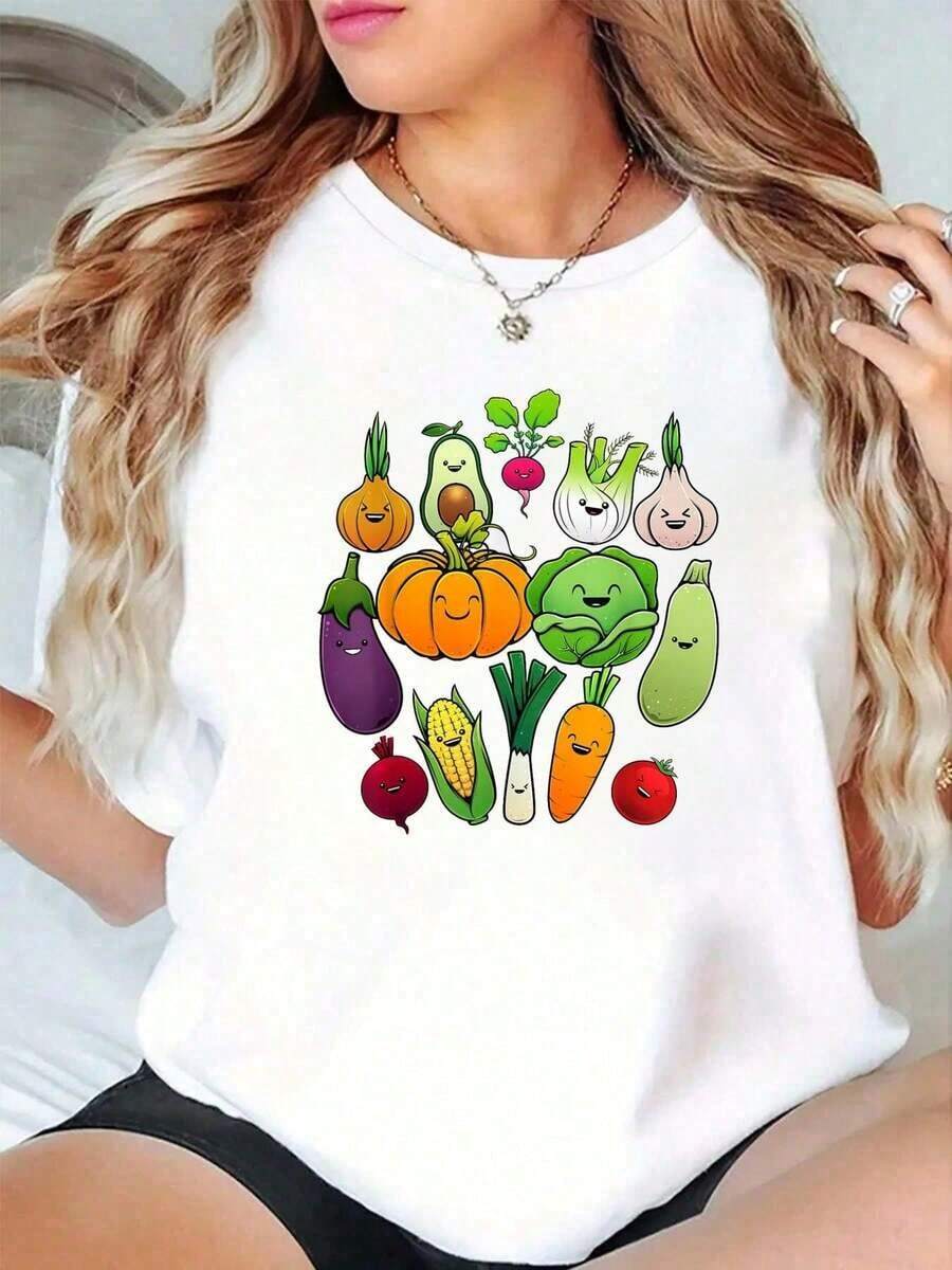 Women's 100% Cotton T-Shirt With Vegetable Design, For Men And Women, Vegan Style, For Gardening, Cool Summer T-Shirt For Women, Warm Clothing For Women - 白色 - 查看 1