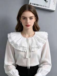 DA FEN QI MI MA 1 chiếc cổ áo giả ren xếp ly có thể tháo rời, cổ áo bằng vải chiffon trắng, thích hợp cho áo len/áo sơ mi. - trắng - Xem 1