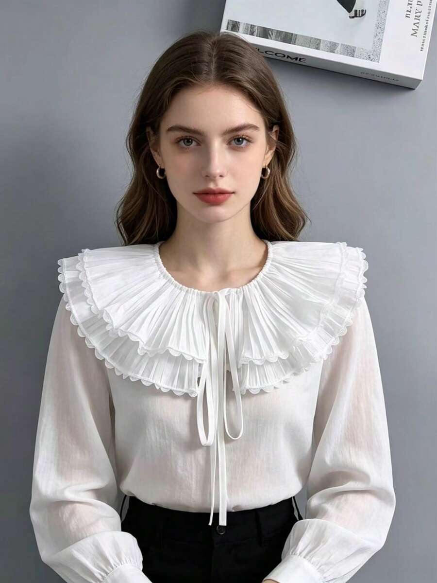 DA FEN QI MI MA 1 chiếc cổ áo giả ren xếp ly có thể tháo rời, cổ áo bằng vải chiffon trắng, thích hợp cho áo len/áo sơ mi. - trắng - Xem 1