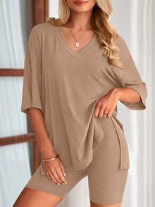 PRETTYGARDEN Women's Summer Clothes 2 Piece Sets Lounge Set Casual Oversized Shirts Biker Shorts Matching Airport Travel Sweatsuit Set Women Vacation Outfit Summer Brunch Outfits For Women - 淺卡其 - 查看 4