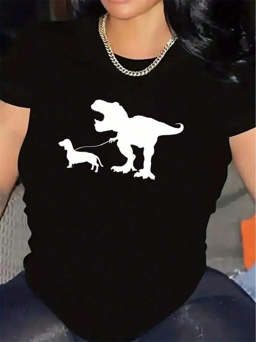 LooseCamiseta de manga corta con gráfico de dinosaurio y perro, ligera, duradera, cuello redondo, elasticidad media, diseño divertido estampado, comodidad diaria para el hogar o actividades - Negro - Ver 1