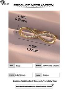 1pc Luxury Shape 8 Infinite Symbol Gold Plated Mitten Rings Funky Cubic Zirconia Openable Ring For Women Daily Decoration Copper Accessories Gift - 8 - View 4