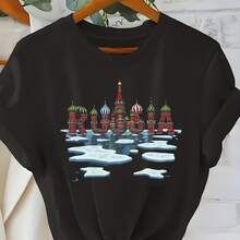 Pure Clothes Women'S Tshirt, Printed With Russian Women'S Church And Arctic Scenery Pattern, Summer Round Neck Comfclothestable Shclothest Sleeved Women'S Tshirt, Breathable Casual Spclothests Summer Top, Clothes - 黑色 - 查看 1