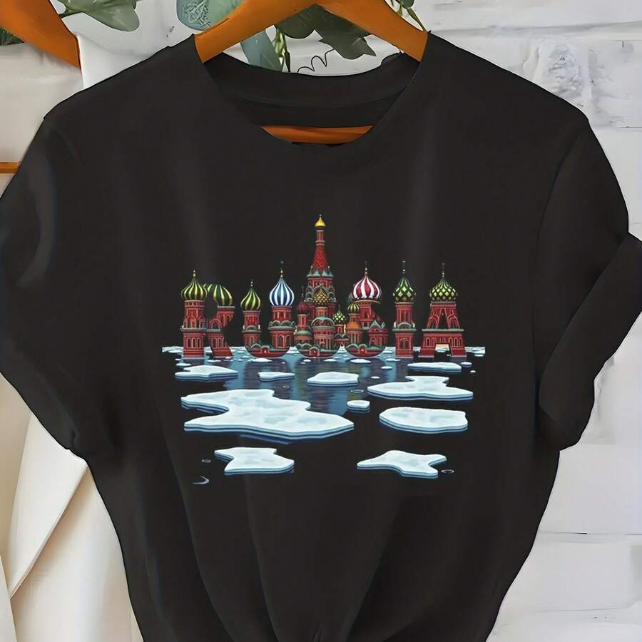Pure Clothes Women'S Tshirt, Printed With Russian Women'S Church And Arctic Scenery Pattern, Summer Round Neck Comfclothestable Shclothest Sleeved Women'S Tshirt, Breathable Casual Spclothests Summer Top, Clothes - 黑色 - 查看 1