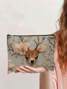 Deer Print Cosmetic Bag | Countryside Style Clutch Organizer Bag | Travel Portable Pouch | Gentle Healing Gift - Multicolor - View 3