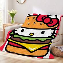1pc Comfortable Hello Kitty Burger Pattern Flannel Blanket, Soft Polyester Knitted Design, Versatile Use, Machine Washable, Plush Throw Blanket Ideal For Home, Travel, Outdoor, All Seasons - Perfect For Sofa, Bed, Office Or Travel, Watching Movies, Napping, Bedroom, Office, Car, Sanrio Blanket - Multicolor - View 4