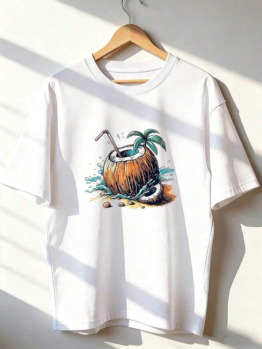 T-Shirt With A Coconut On The Beach And Sand And Water Details. Short-Sleeved T-Shirt For Spring And Summer 2026, Made In Mexico, 180 Grams. Cartoon Print, Couple Design, Suitable For Indoor Or Outdoor Wear. Crew Neck, Unisex, Ideal For The Office And Leisure. One-Pack. - WH-P631577SLNDXZGY454 - 查看 1