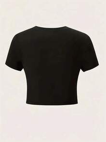 Women's Pure Cotton Black Crop Top: Divine Alliance: Bold Confidence Black Crop Top - Short Sleeve Black Crop Top, Round Neck, Stretchy Fabric Blend, Easy Care, Perfect For Spring, Summer And Fall, Versatile Statement Top, Comfortable And Stretchy Fit, Floral - 黑色 - 查看 2