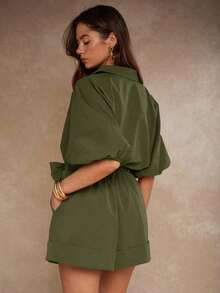 Mono de mujer de unicolor con cinturón de moda - Verde militar - Ver 2