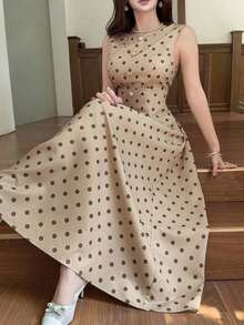 Vestido elegante sin mangas con decoración de sol de metal con estampado de lunares para mujer - Albaricoque - Ver 10