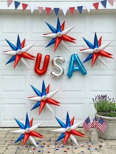 kumozawa Set van 15/39 ballonnen ter decoratie van de Amerikaanse Onafhankelijkheidsdag, 40 cm "USA" bannerletters folieballonnen, gigantische explosiester (waterdruppel/kegel) blauwe + rode + witte folieballonnen (12 stuks van elk), geschikt voor de decoratie van een feest ter ere van 4 juli.