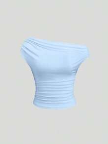 Camiseta ajustada de manga corta y cuello asimétrico de color liso, versátil y cómoda - Multicolor 3 - Ver 3