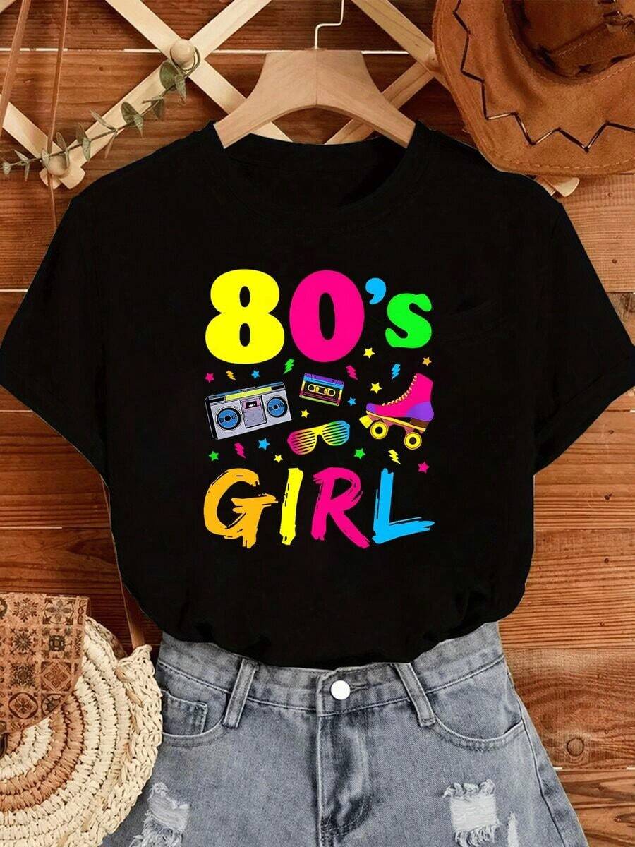 Vintage Camiseta para Mujer con Diseño Divertido de Chica de 80s,Estilo Retro con Patines,Gafas y Radiocasete,Ideal para un Look Casual y Original.Fashion 100% Cotton100% Cotton100% Cotton - Negro - Ver 1