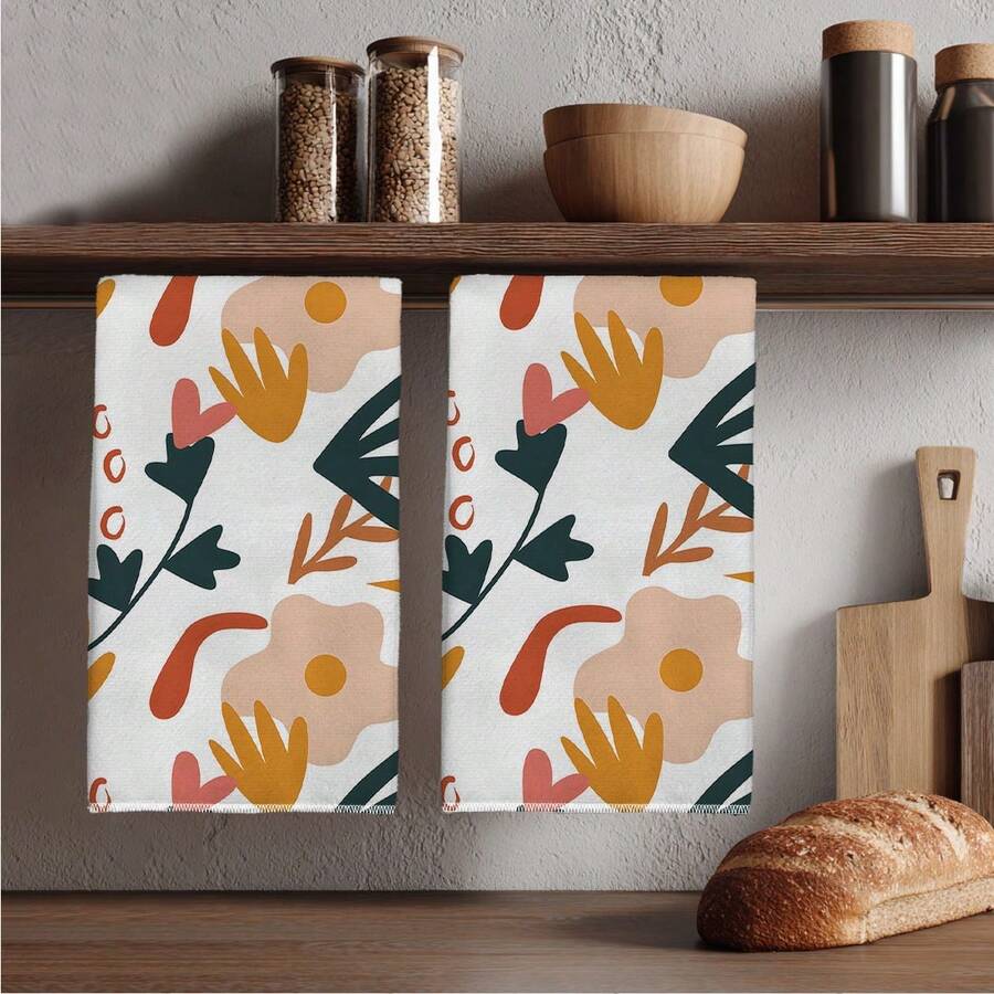 2pcs Geometric & Floral Abstract Pattern Microfiber Kitchen Towels, 40*60cm Rectangular Absorbent Dish Cloths, Housewarming Gifts, Suitable For Kitchen & Bathroom, Great For Homemakers And Family Gatherings, High Value - Multicolor - View 1