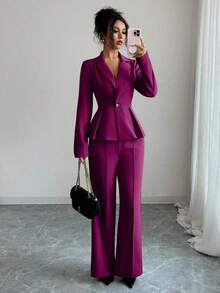 Elenzya Traje elegante que afina la cintura, pantalones acampanados y estilizadores para uso diario, adecuado para vacaciones, citas, Día de la Independencia, atuendo de maestra - Rosa Fucsia - Ver 6