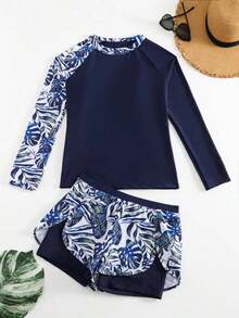Conjunto de tankini de traje de baño de manga larga con estampado tropical y patchwork para vacaciones de verano en la playa - Azul marino - Ver 6
