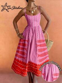 Nuevo vestido de gasa con estampado de peces tropicales y brillos en forma de estrella de mar, con tirantes de lazo y dobladillo con volantes, perfecto para vacaciones en la playa y el té de la tarde - Rosa - Ver 1