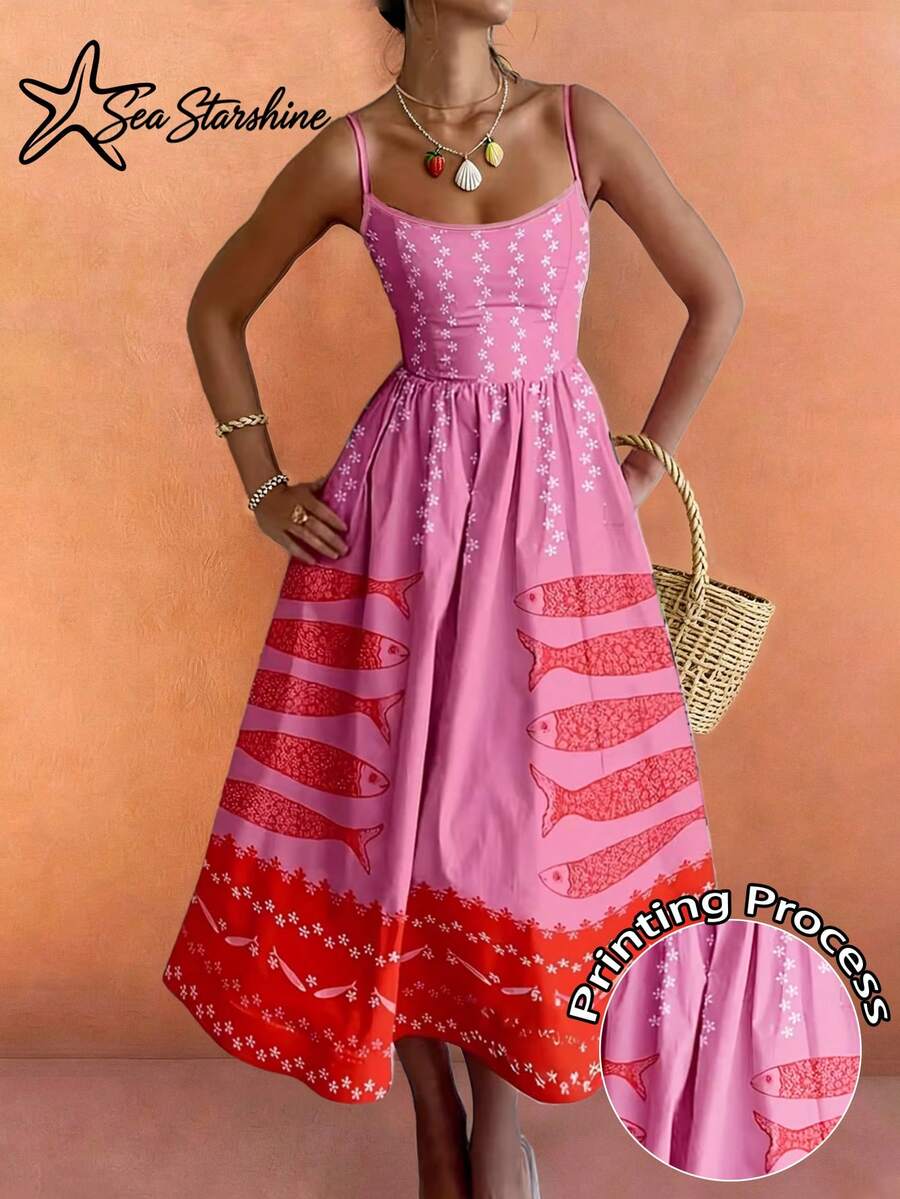 Nuevo vestido de gasa con estampado de peces tropicales y brillos en forma de estrella de mar, con tirantes de lazo y dobladillo con volantes, perfecto para vacaciones en la playa y el té de la tarde - Rosa - Ver 1