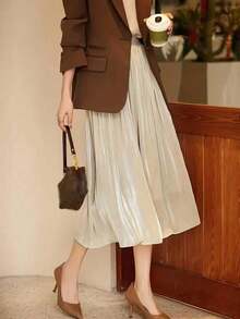 High Waist Iridescent Pleated Elegant Lightweight Slim Fit Mid-Length Skirt Spring - Khaki - View 1